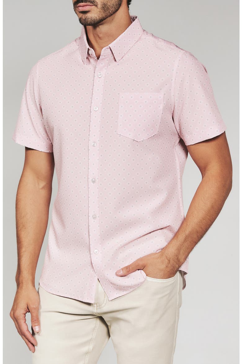 Kanan Diamond Print Short Sleeve Stretch Seersucker Button-Up Shirt, Main, color, ROSE