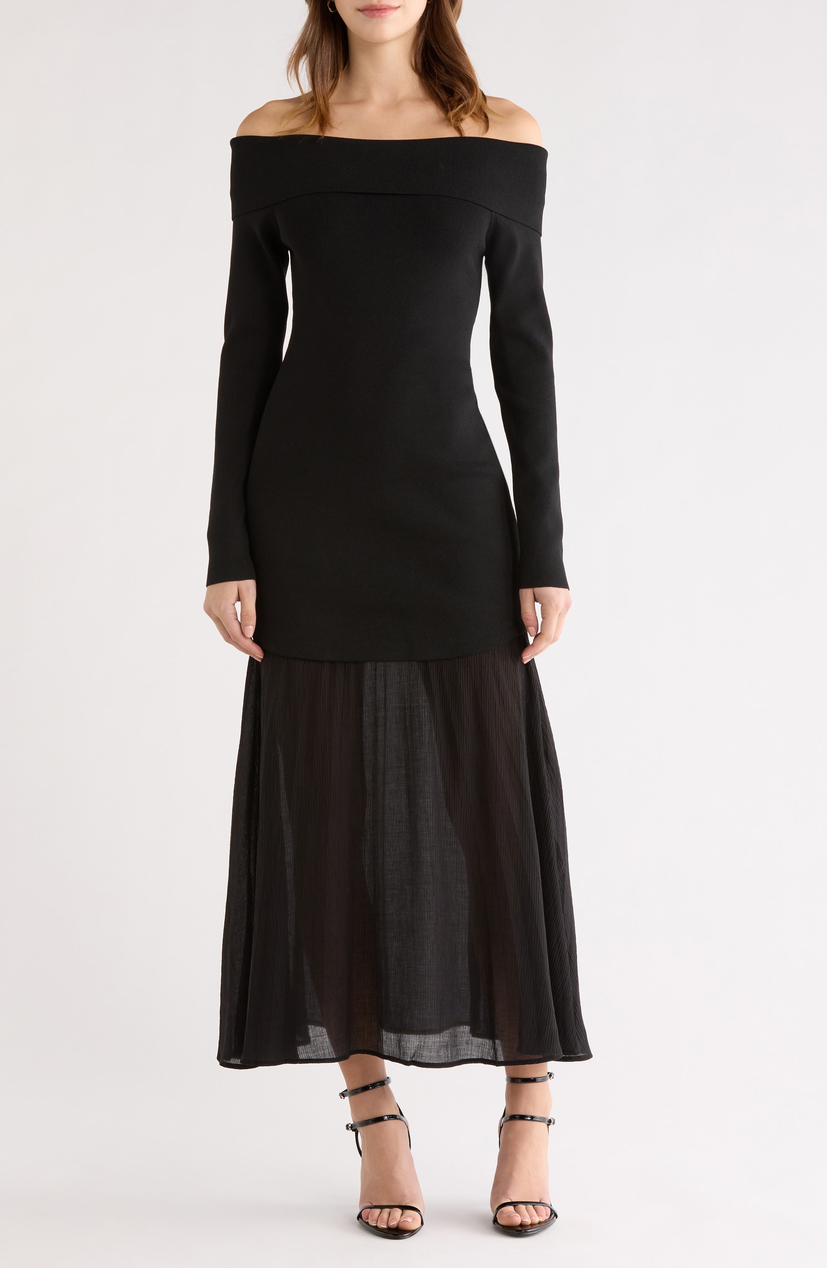 ASTR the Label Lidia Mixed Media Off the Shoulder Long Sleeve Dress