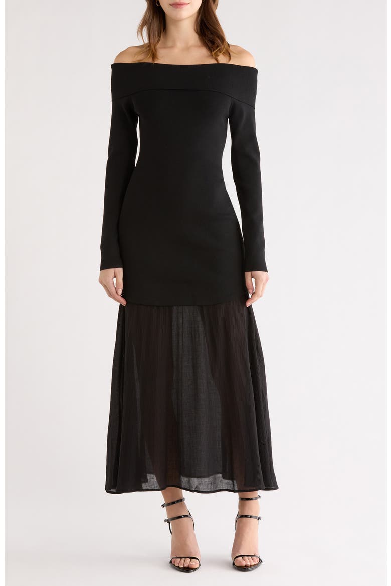 Lidia Mixed Media Off the Shoulder Long Sleeve Dress, Main, color, BLACK