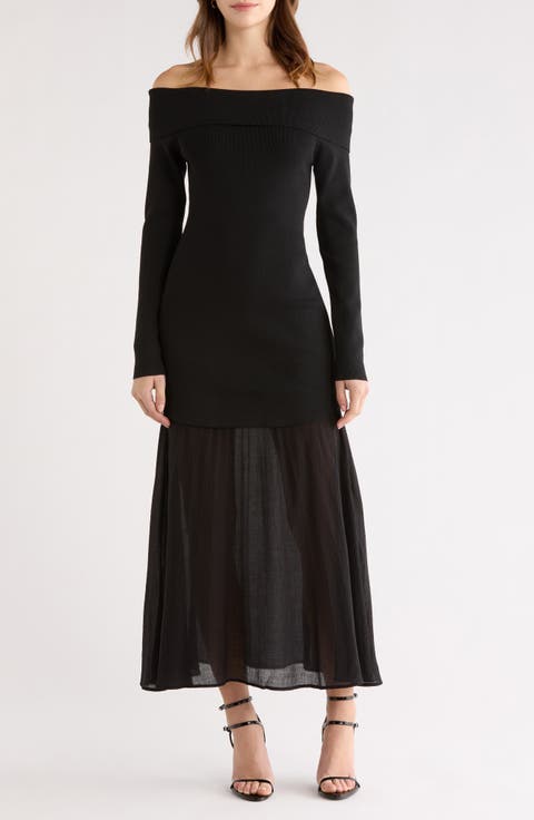 Lidia Mixed Media Off the Shoulder Long Sleeve Dress