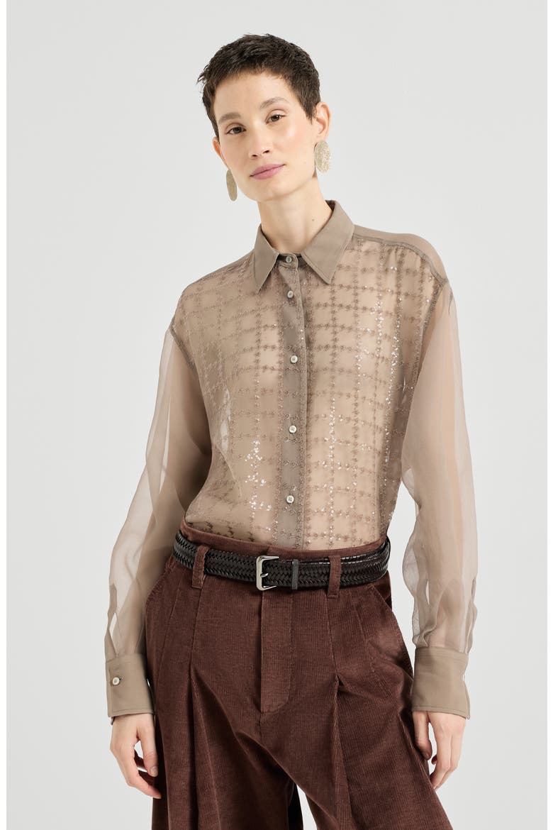 Crispy silk shirt with dazzling windowpane embroidery, Main, color, Light Brown