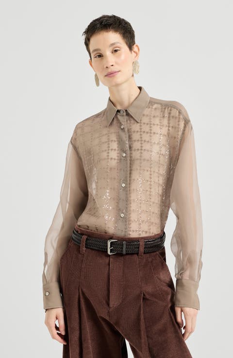 Crispy silk shirt with dazzling windowpane embroidery