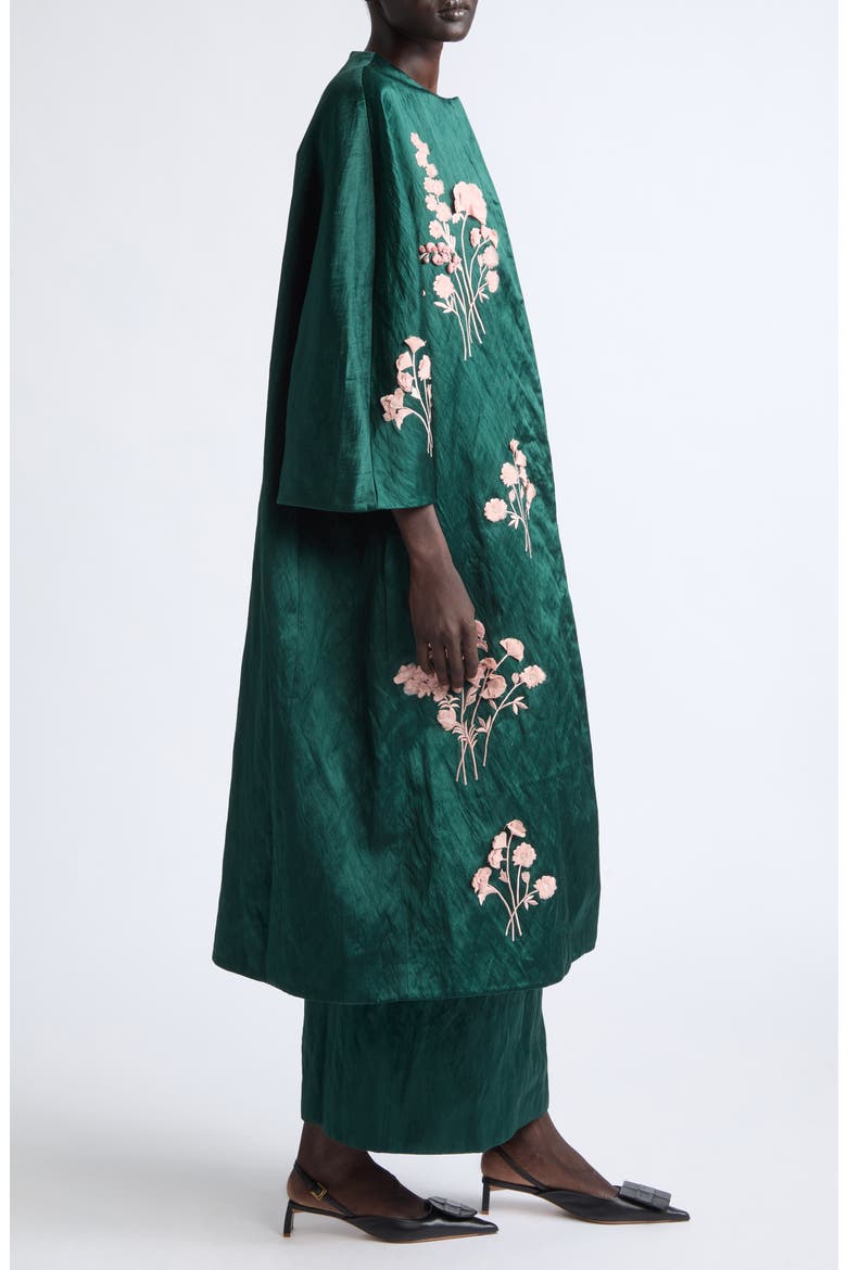Embroidered Textured Satin Coat, Alternate, color, FOREST GREEN