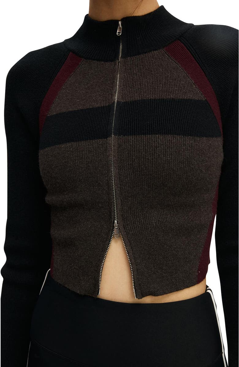COTTON ON BODY Women's Active Spliced Knit Zip Through, Alternate, color, Black Charcoal Marle Cherry