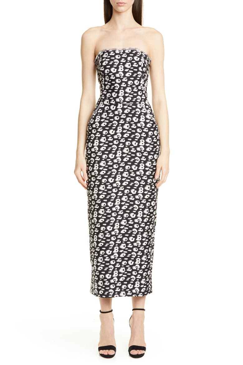 Cheetah Print Shantung Strapless Tea Length Dress, Main, color, BLACK/ BEIGE