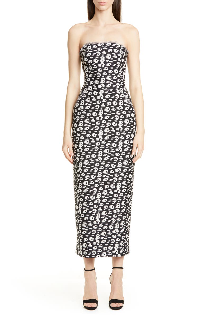 Brandon Maxwell Cheetah Print Shantung Strapless Tea Length Dress, Main, color, 