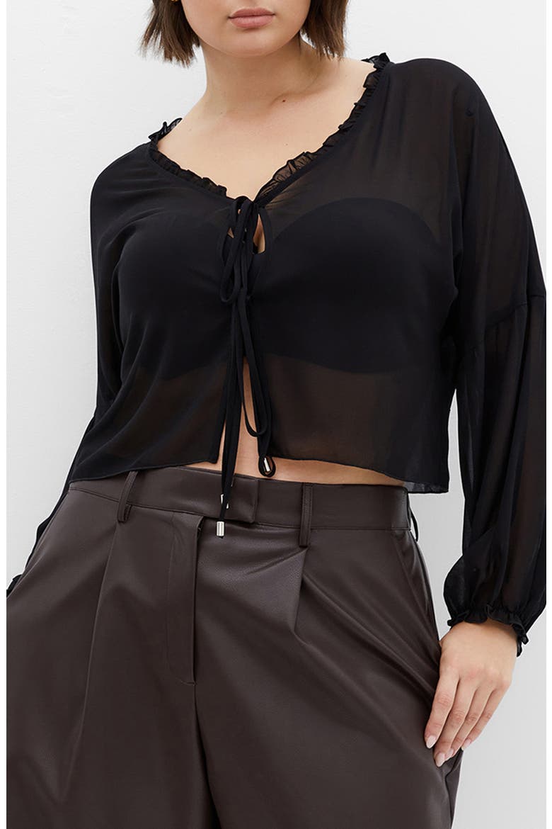 Corina Ruffle Trim Sheer Tie Neck Top, Main, color, BLACK