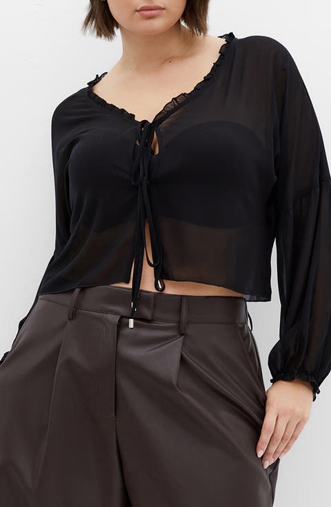 Corina Ruffle Trim Sheer Tie Neck Top (Plus)