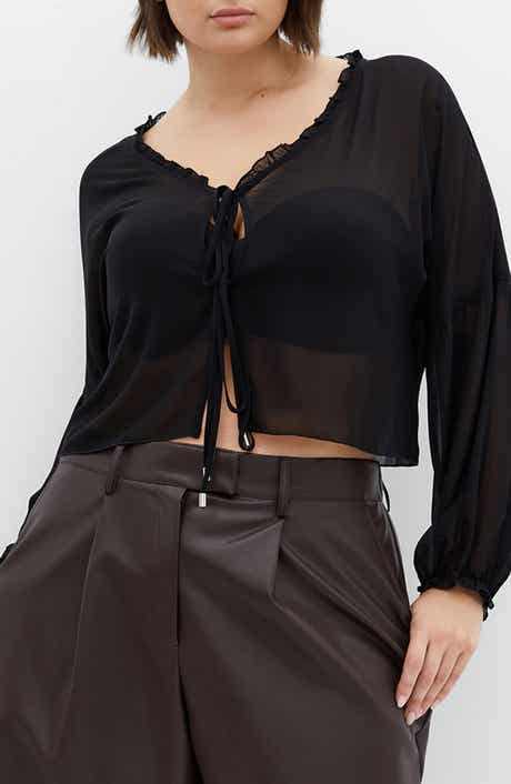 City Chic Corina Ruffle Trim Sheer Tie Neck Top