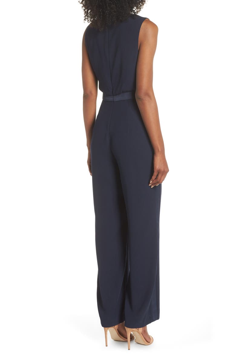 Satin Detail Crepe Jumpsuit, Alternate, color, NAVY