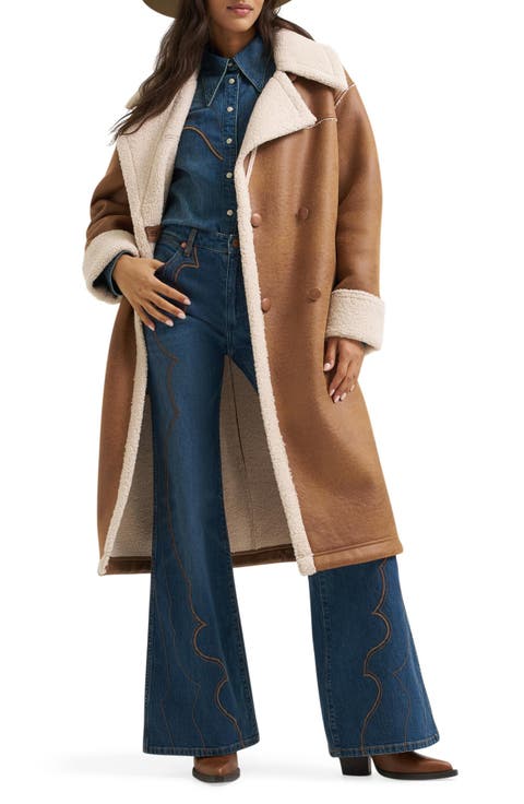 Faux Leather Coat with Faux Shearling Trim