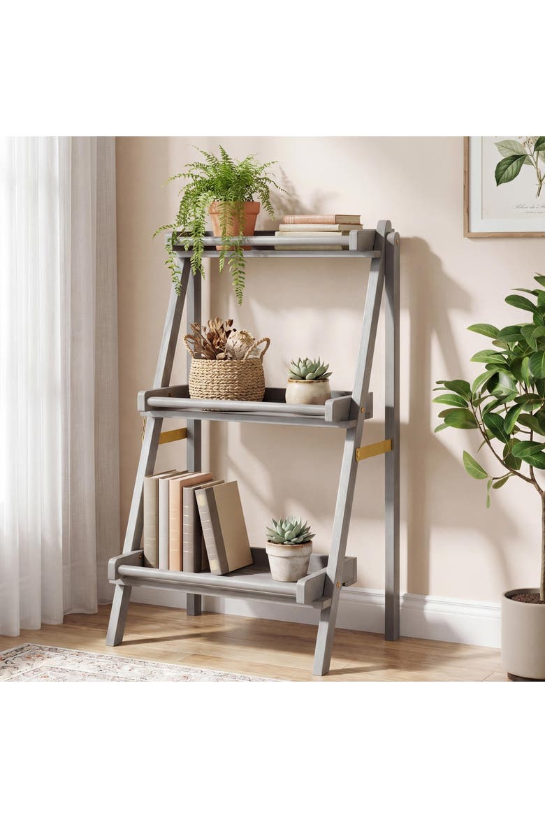 Hollis 3-Tier Acacia Wood Indoor/Outdoor Foldable Compact Freestanding Ladder Plant Stand Display Rack Shelf, Alternate, color, Gray Wash