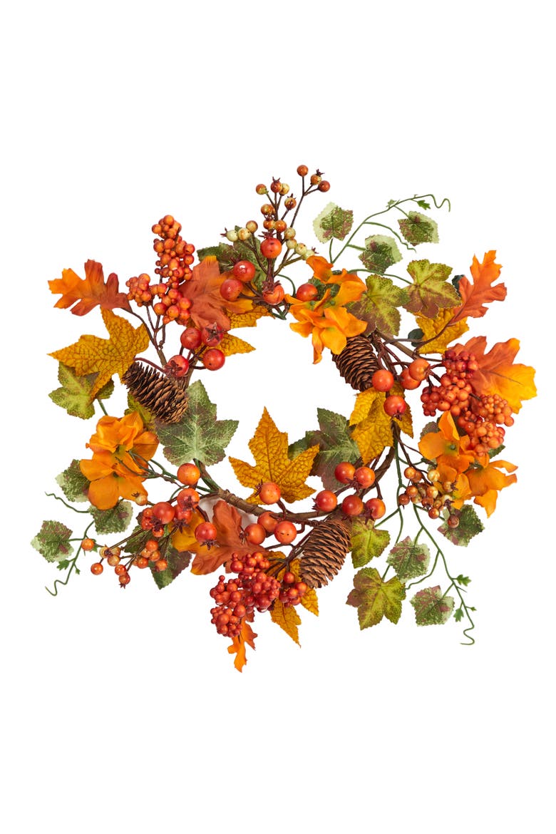6.5-in Autumn Hydrangea and Pinecones Artificial Wreath, Main, color, Orange