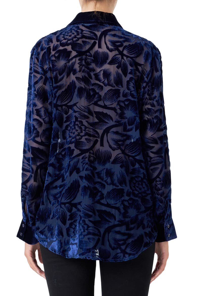 Floral Semisheer Velvet Burnout Long Sleeve Button-Up Shirt, Alternate, color, NAVY