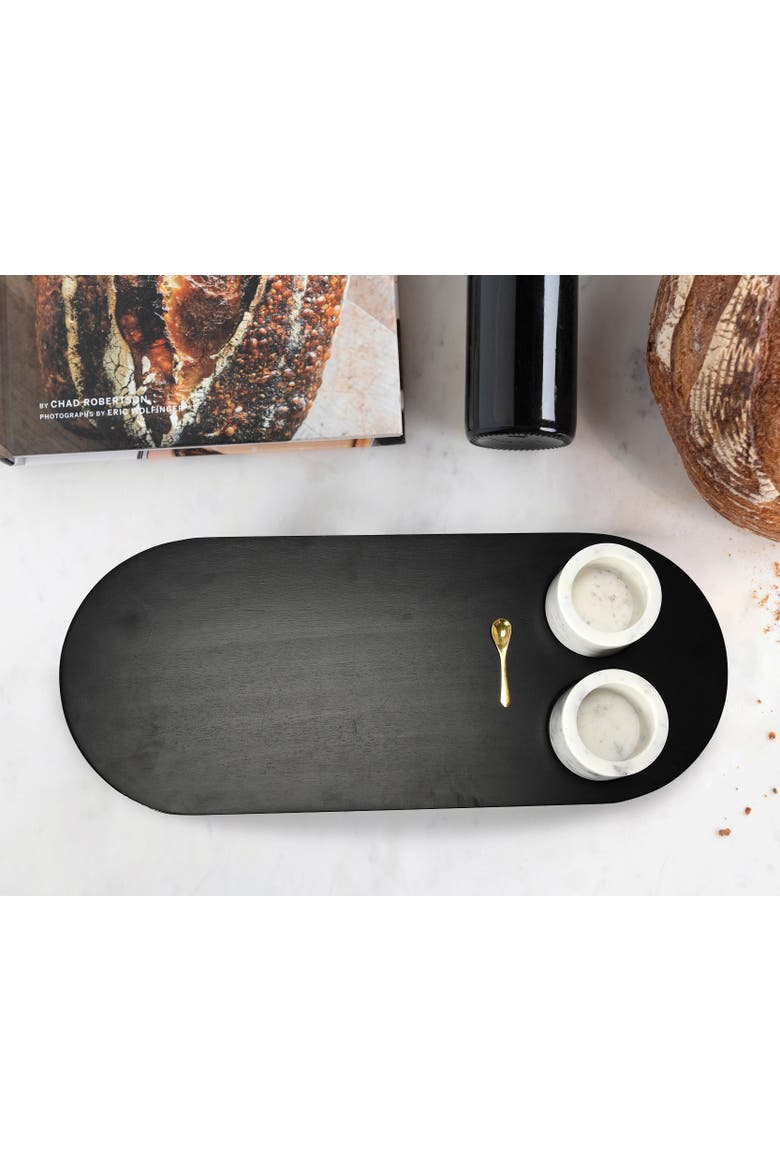 Elegant Mango Wood Tray with 2-Piece Marble Bowls and a Gold Finish Stainless Steel Spoon, Multicolor, Alternate, color, Multicolor