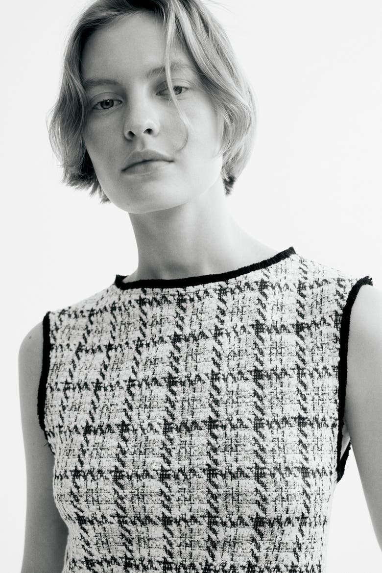 Fringed Bouclé-knit Dress, Alternate, color, Cream/black plaid