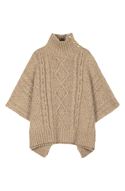 Button Neck Cable Knit Poncho