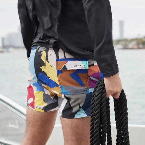 Le Club Resortwear 4.25" Le Club 4 Way Stretch Mens Swim Trunk In Black/multi