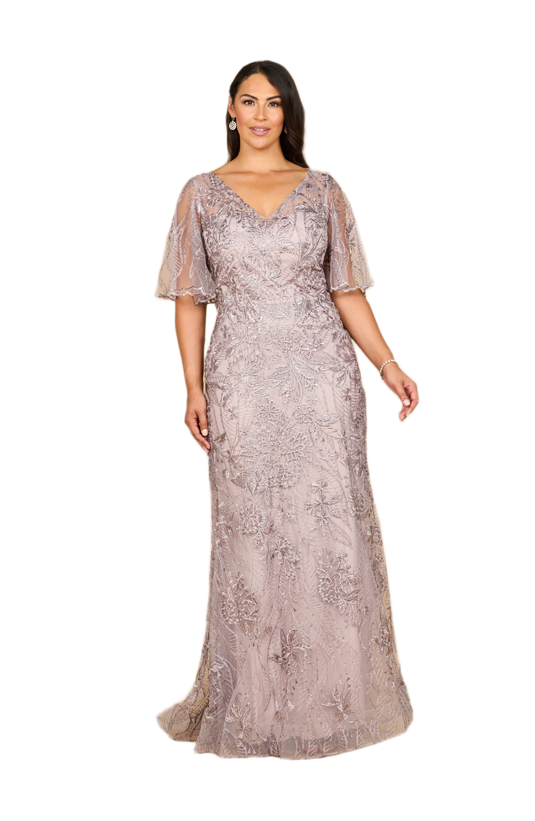LARA New York Overskirt Lace Fitted V-Neck Gown with Cape Sleeves, Alternate, color, Dusty Lavender