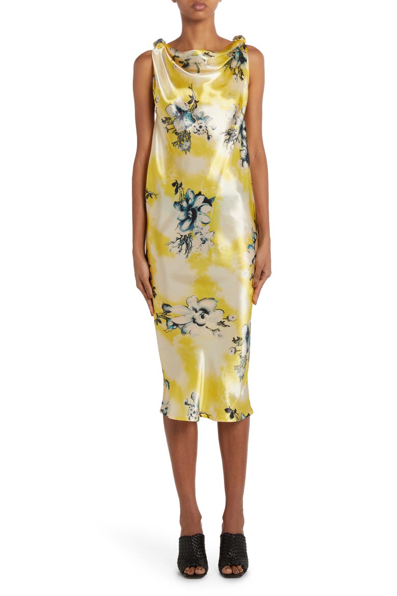 Floral Print Cupro Twill Dress, Main, color, 7125 YELLOW/ TURQUOISE