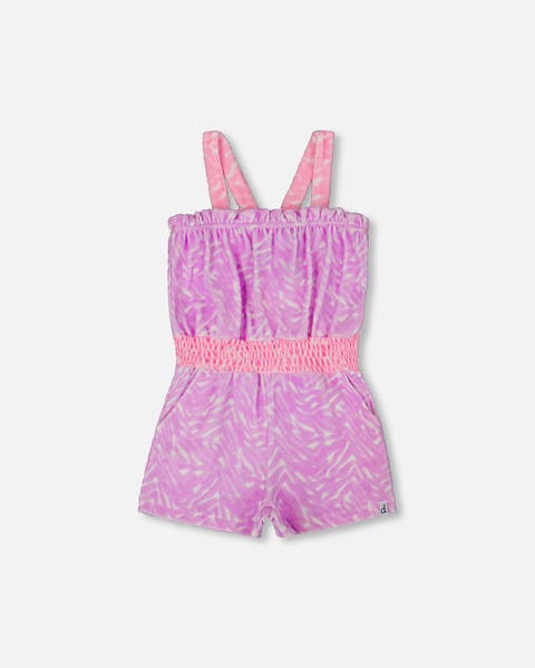 Little Girl's Printed Terry Cloth Romper Vibrant Pink And White