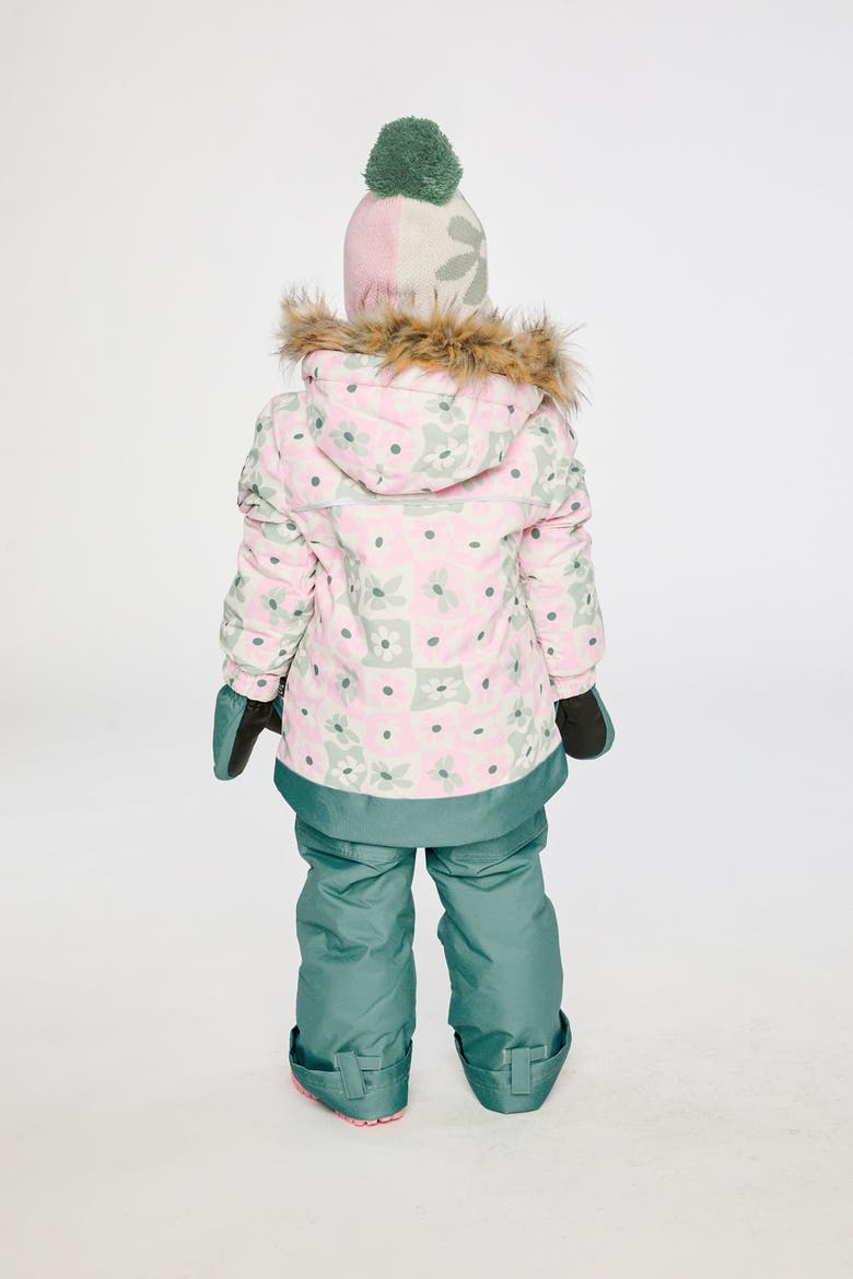 Discover Retro Faux Fur Hood Jacket & Suspender Pants Two Piece Snowsuit, Alternate, color, White with Retro Pink Print