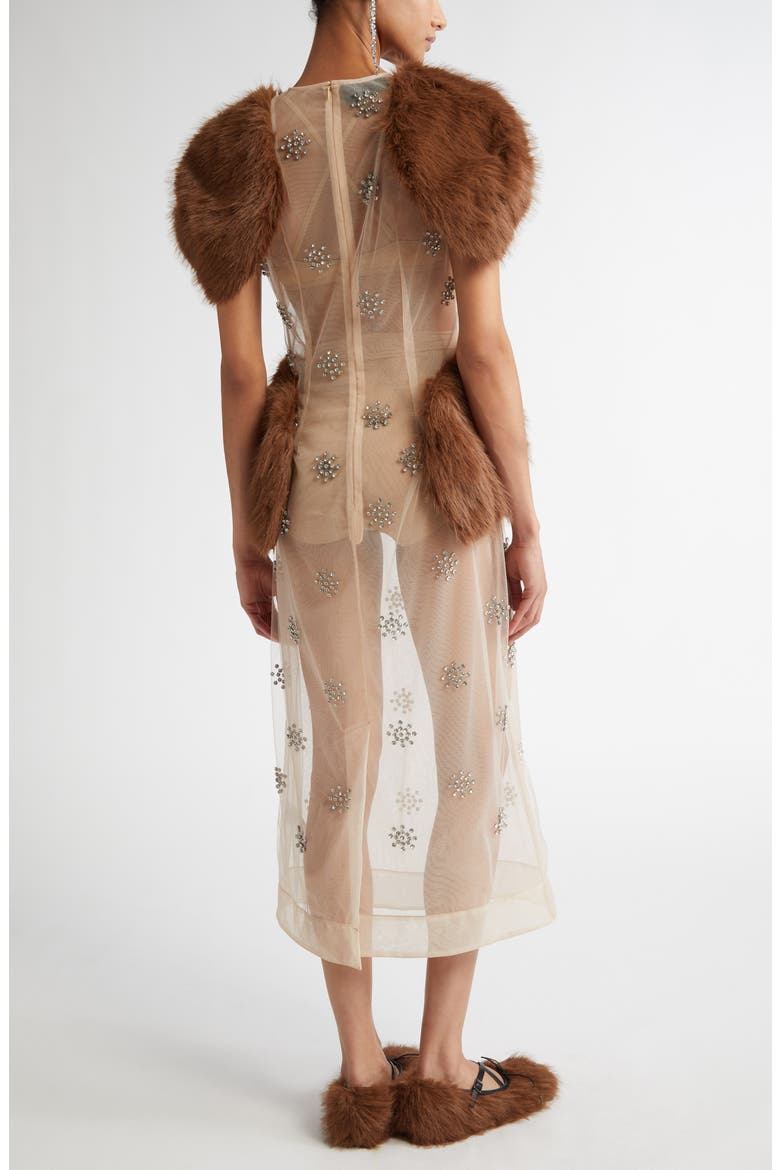 Embellished Faux Fur Panel Sheer Midi Dress, Alternate, color, SHEER IVORY/ DIAMANTE/ BROWN