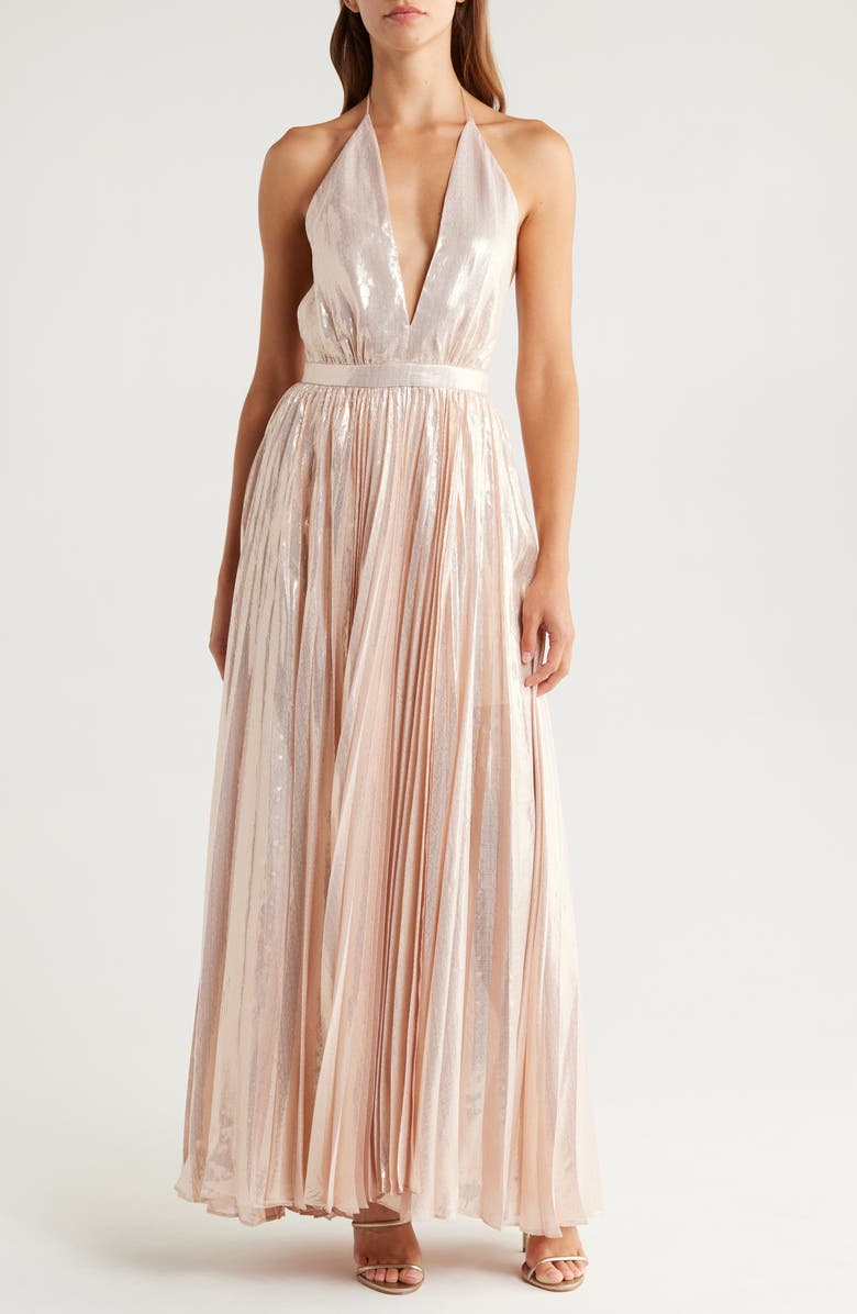 Alice + Olivia Camila Pleated Plunge Neck Silk Blend Halter Dress, Main, color, Pearl Blush