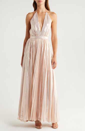 Alice + Olivia Camila Pleated Plunge Neck Silk Blend Halter Dress