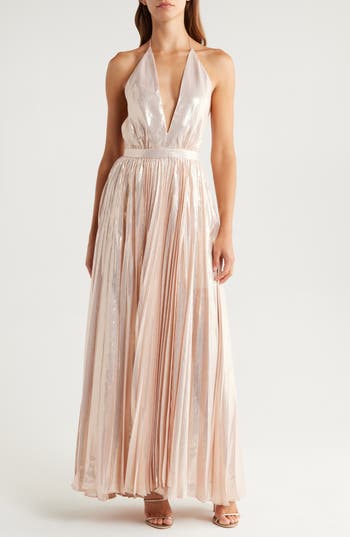 Alice And Olivia Alice + Olivia Camila Pleated Plunge Neck Silk Blend Halter Dress In Pink