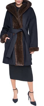 HALSTON Faux Fur Trim Wool Blend Hooded Coat