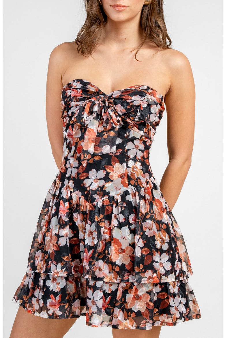 floral chiffon strapless mini dress LoveShackFancy Rayne Floral Strapless Chiffon Mini Dress | ONFEMME