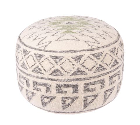 Round Wool Blend Kilim Pouf with Geometric Design, Grey