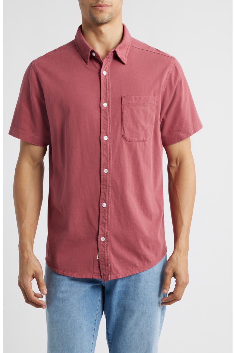 Saltaire Organic Cotton Knit Short Sleeve Button-Up Shirt, Main, color, RED