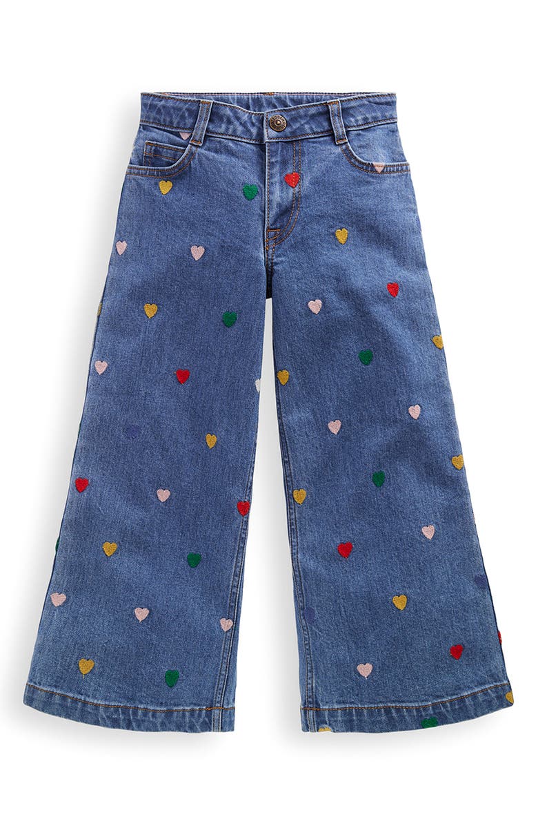 Mini Boden Kids' Heart Embroidered Wide Leg Denim Jeans, Main, color, Mid Vintage Denim Hearts