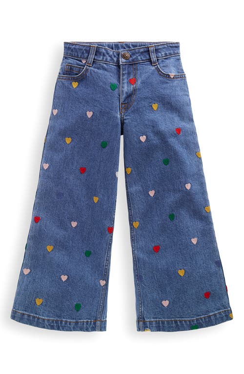 Mini Boden Kids' Heart Embroidered Wide Leg Denim Jeans in Mid Vintage Denim Hearts 