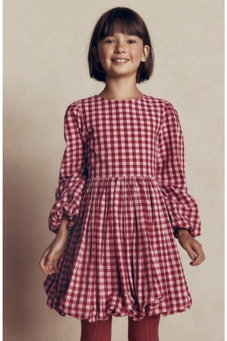 Kids' Check Long Sleeve Bubble Hem Dress, Alternate, color, RED CHECK