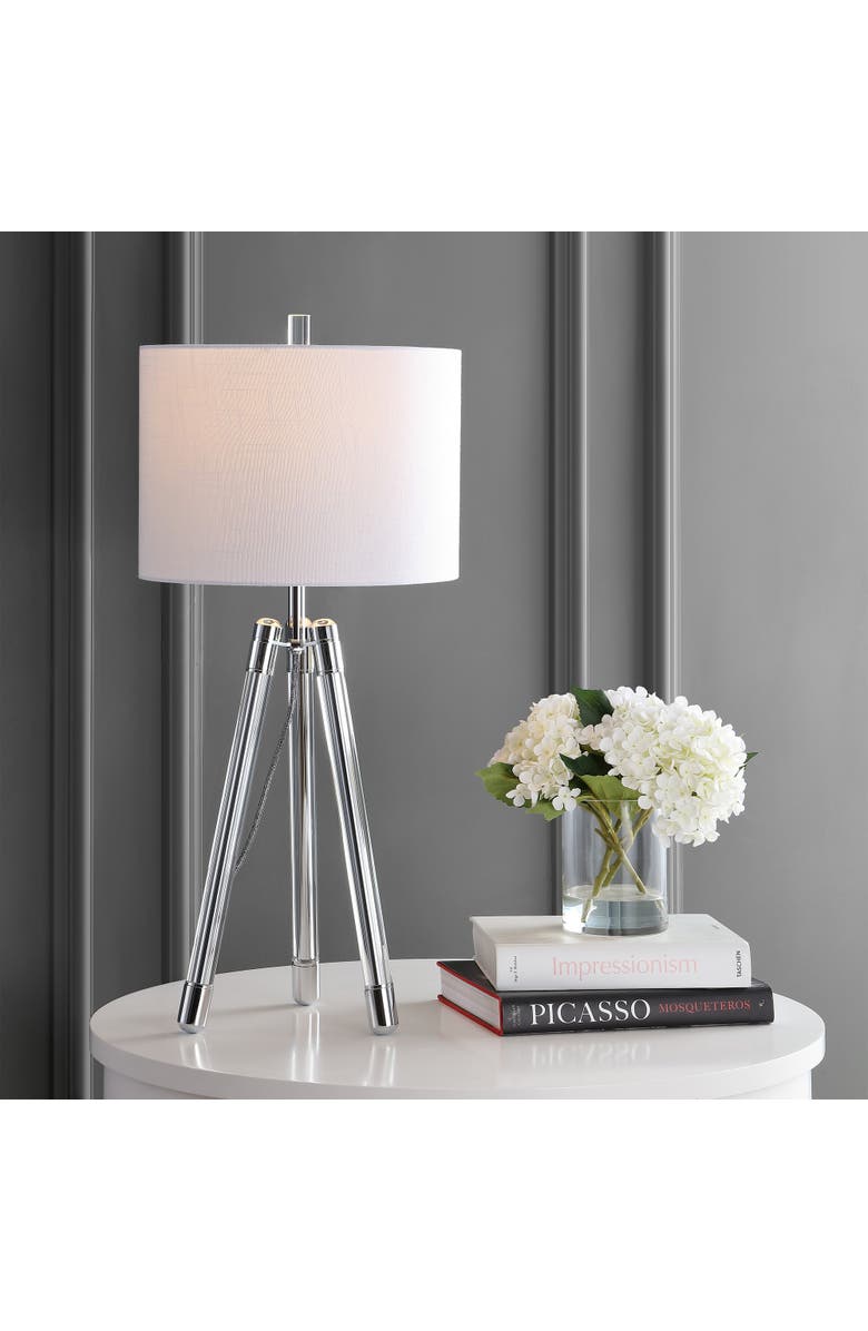 JONATHAN Y Wyman Surveyor's Tripod Crystal/Metal LED Table Lamp, Alternate, color, Chrome/Clear