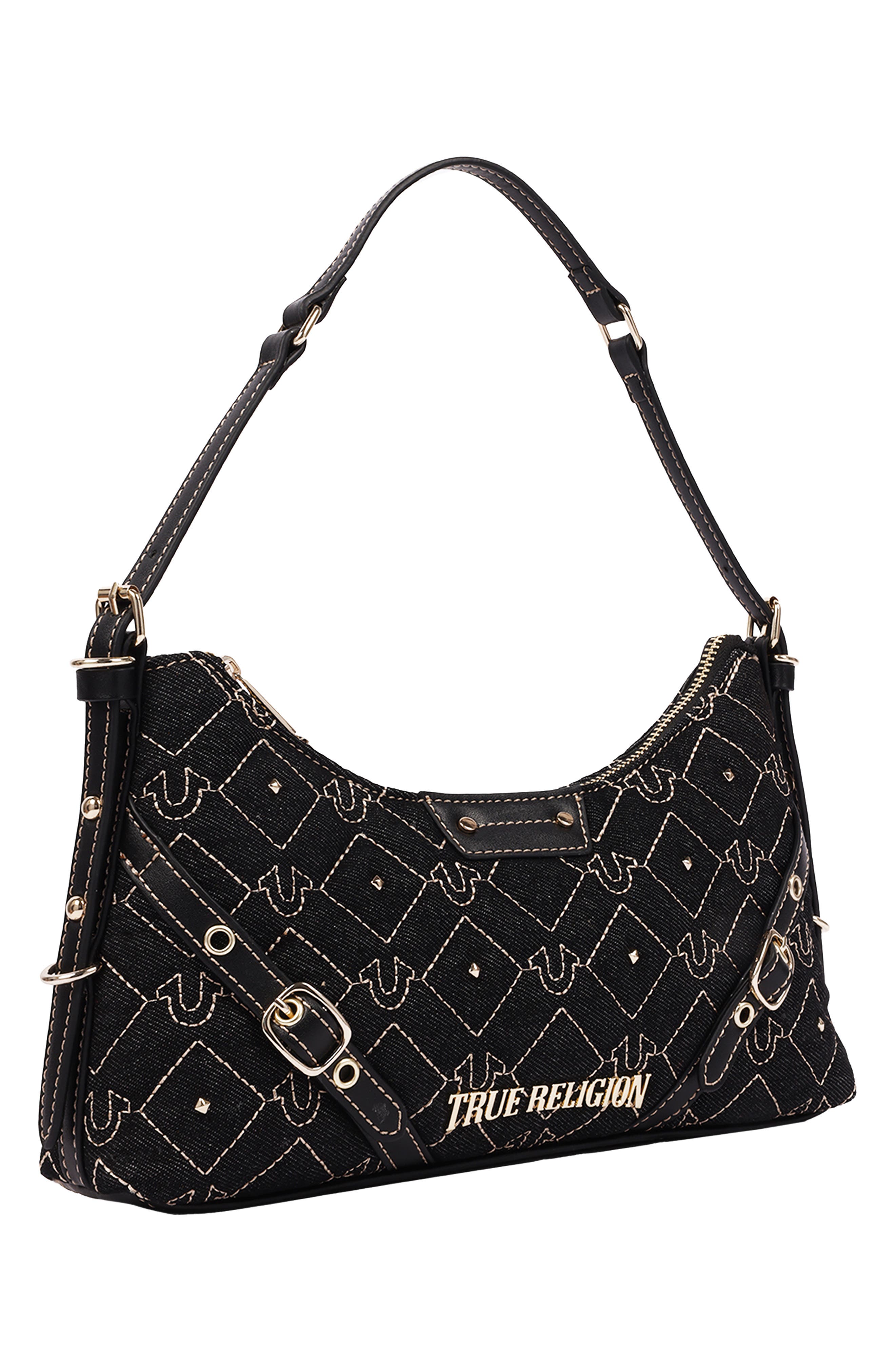 Studded Denim Shoulder Bag, Alternate, color, BLACK