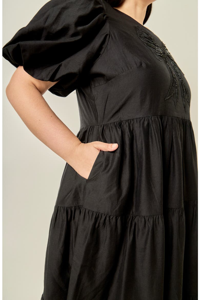 Bow Puff Sleeve Midi Dress, Alternate, color, BLACK