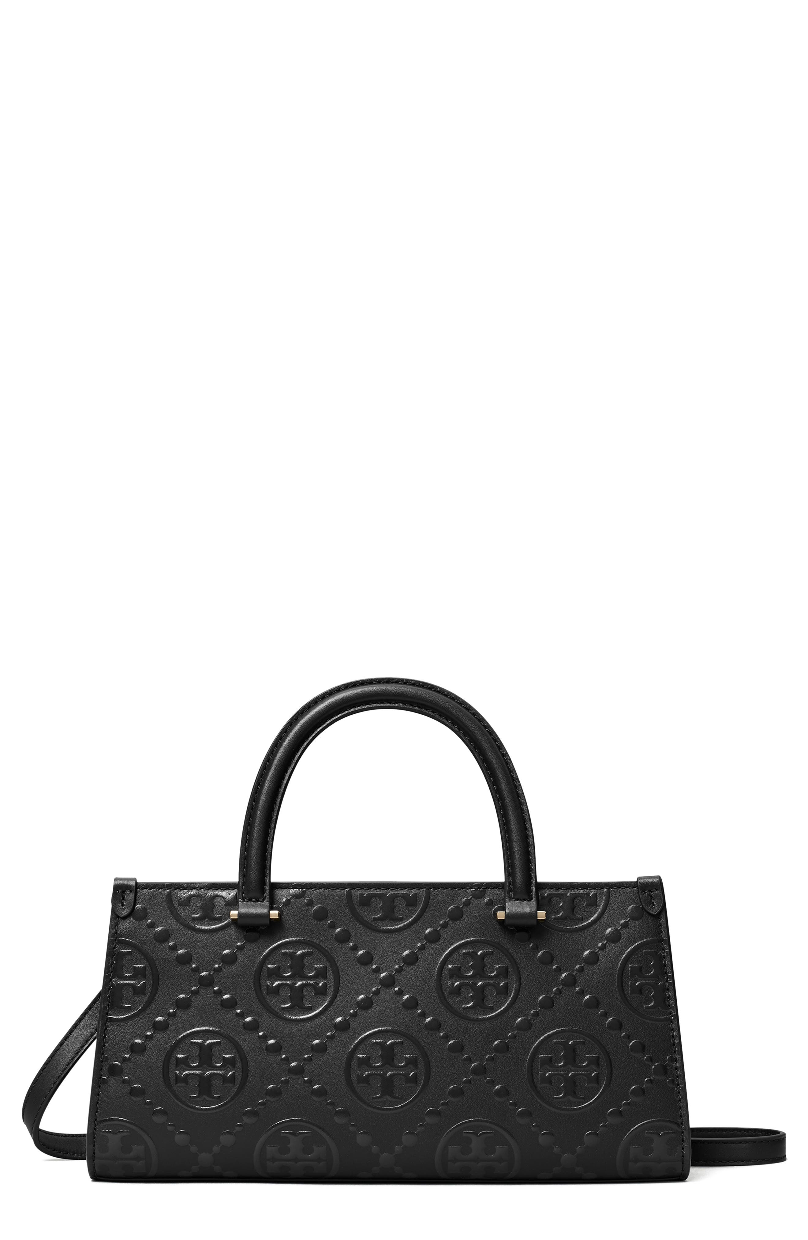 Tory Burch Small T Monogram Embossed Leather Tote, Main, color, Black