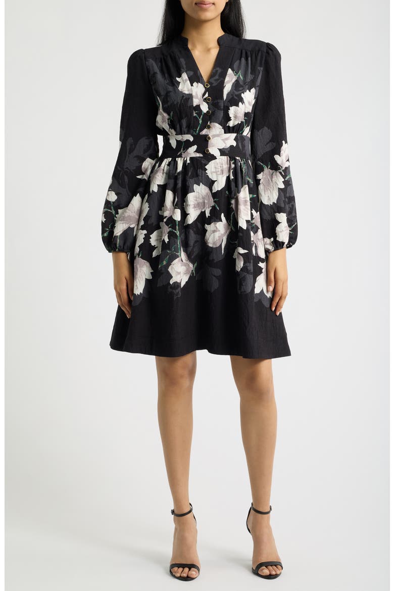 Placement Print Long Sleeve Dress, Main, color, BLACK IVORY PRINT