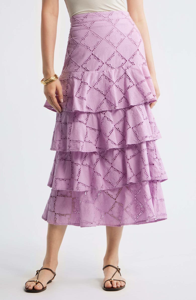 Treasure & Bond Tiered Eyelet Embroidered Maxi Skirt, Main, color, Pink Gale