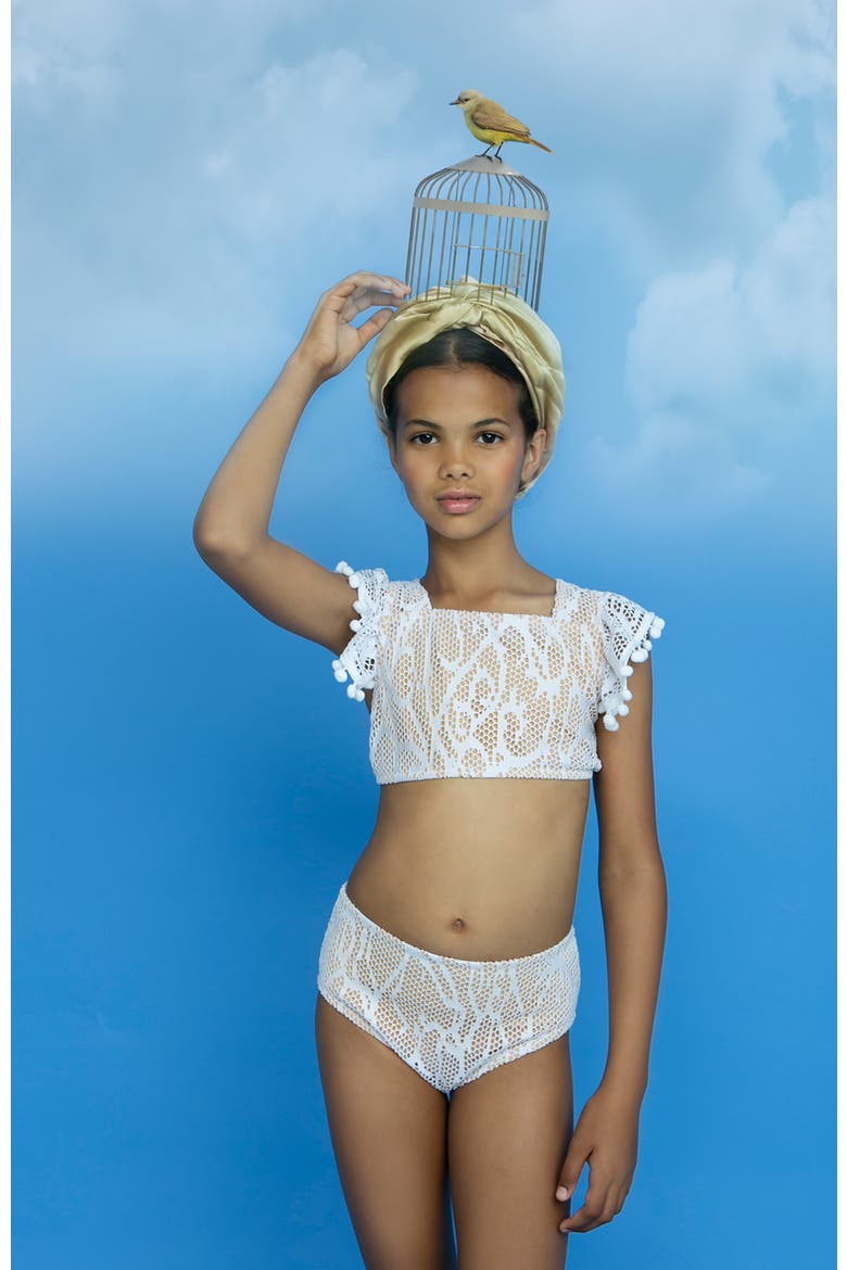 Kids' Lace Pompom Detail Two Piece Bikini, Alternate, color, White