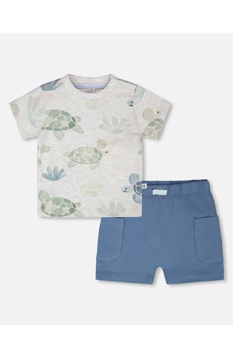 Deux par Deux Jersey T-Shirt and Organic Cotton Turtle Print Jersey Shorts Set, Main, color, Grey Mix Turtle & Medium Blue