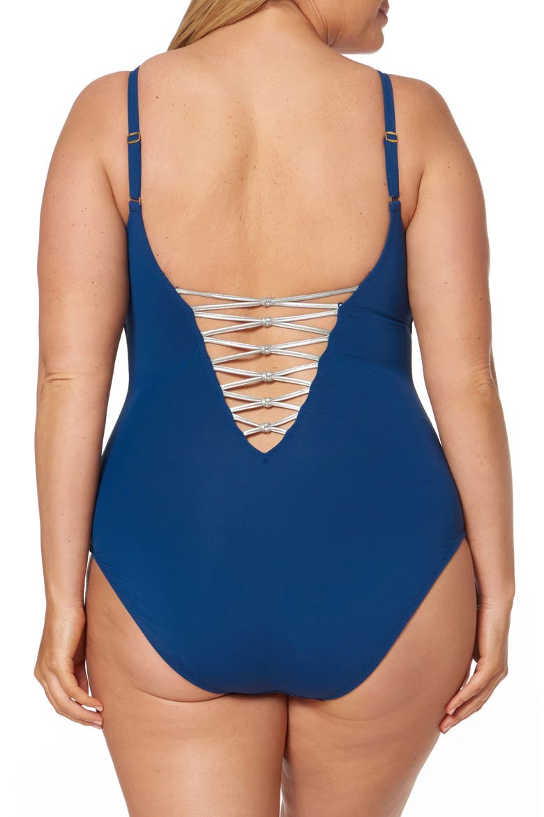 Lattice One-Piece Swimsuit, Alternate, color, NAVY/ SILVER