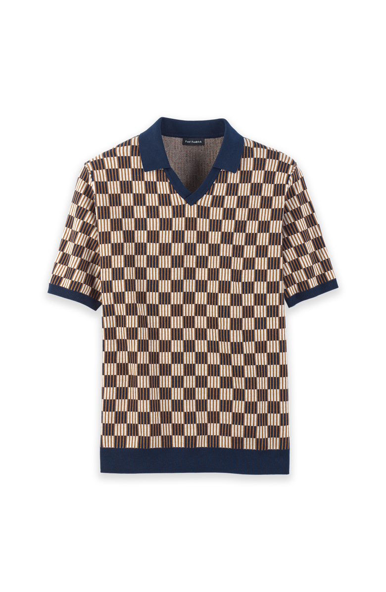 Paul Fredrick Cotton V-Neck Polo Short Sleeve, Main, color, Navy/Brown