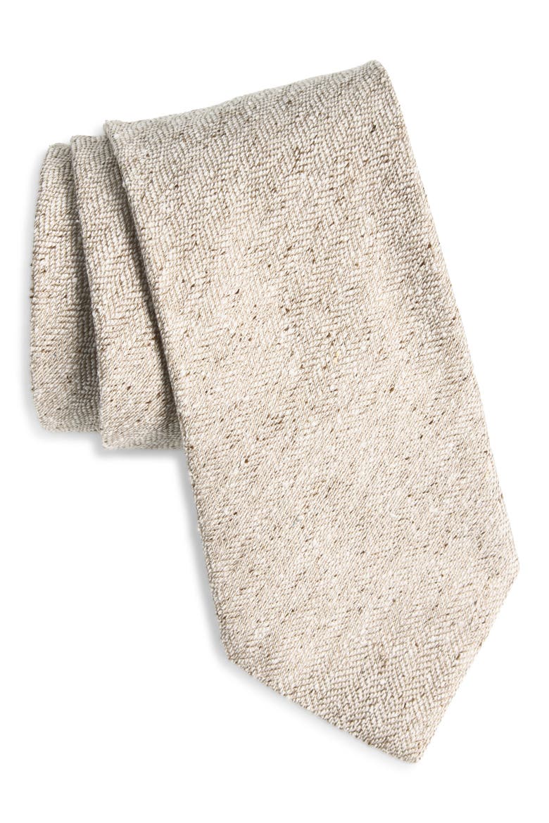 Tan Mélange Silk Herringbone Tie, Main, color, OATMEAL
