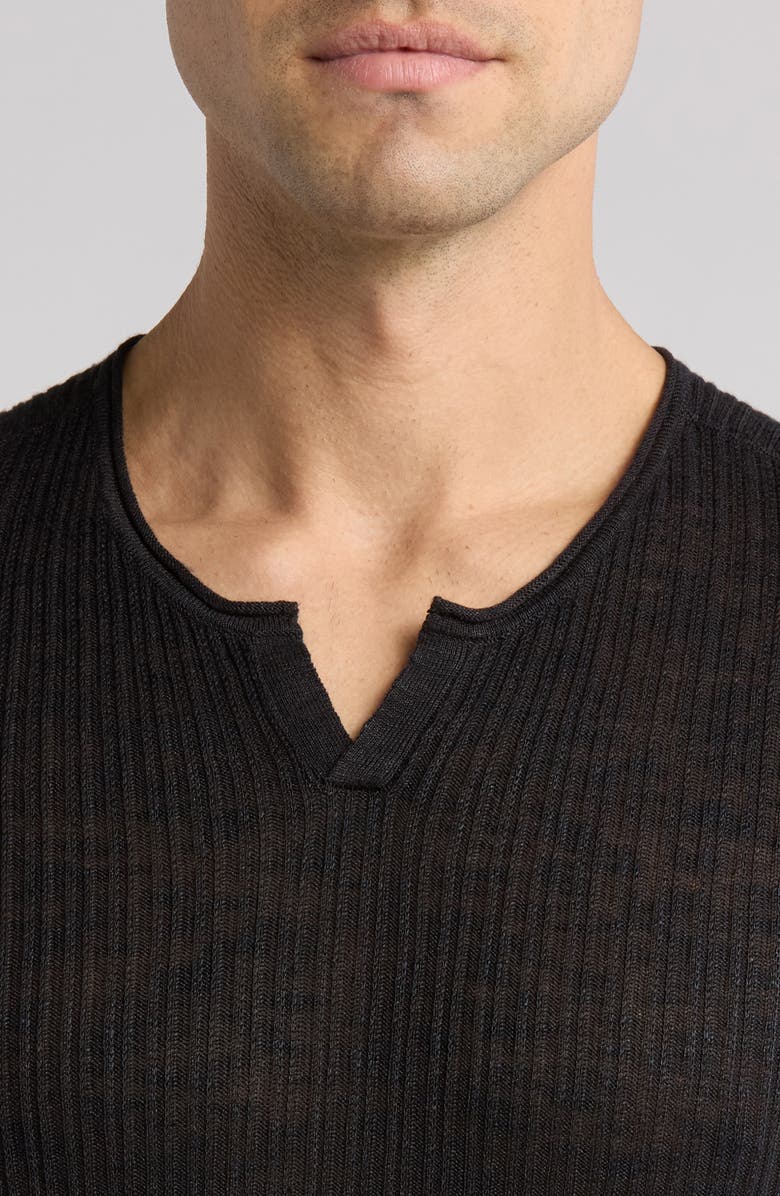 John Varvatos Egor Notch Neck Long Sleeve Rib Linen Blend Henley, Alternate, color, Black
