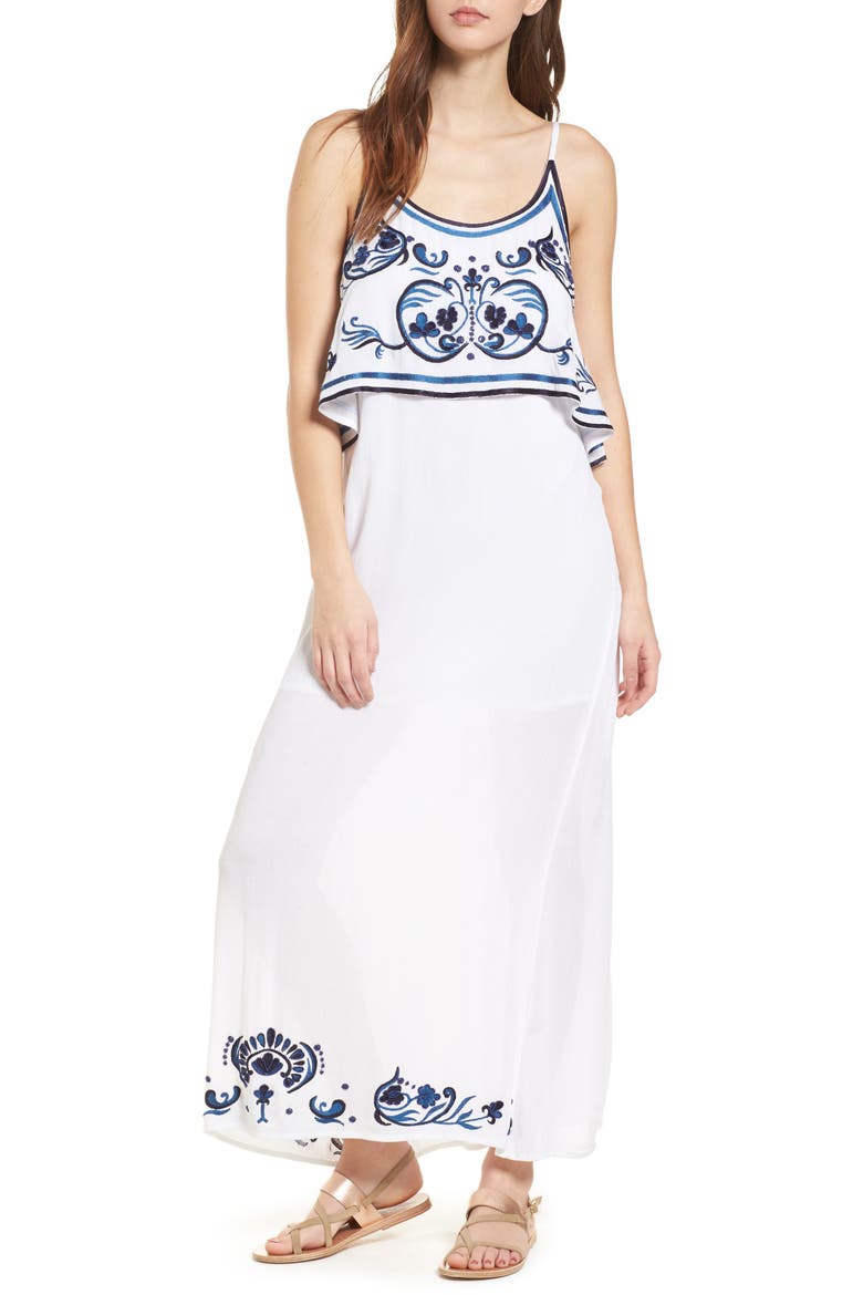 Mediterranean Embroidered Maxi Dress, Main, color, WHITE/ BLUE